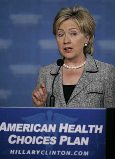 
Sen. Hillary Rodham Clinton, D-N.Y., speaks about her health care policy Monday in Des Moines, Iowa. Associated Press
 (Associated Press / The Spokesman-Review)