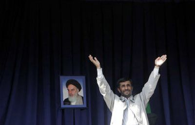 
Iran's President Mahmoud Ahmadinejad waves to the crowd during a gathering in Orumiyeh, Iran,  on Thursday. 
 (Associated Press / The Spokesman-Review)
