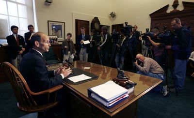 Maine Gov. John Baldacci signs a gay rights marriage bill in his office at the State House in Augusta, Maine, on Wednesday. (Associated Press / The Spokesman-Review)