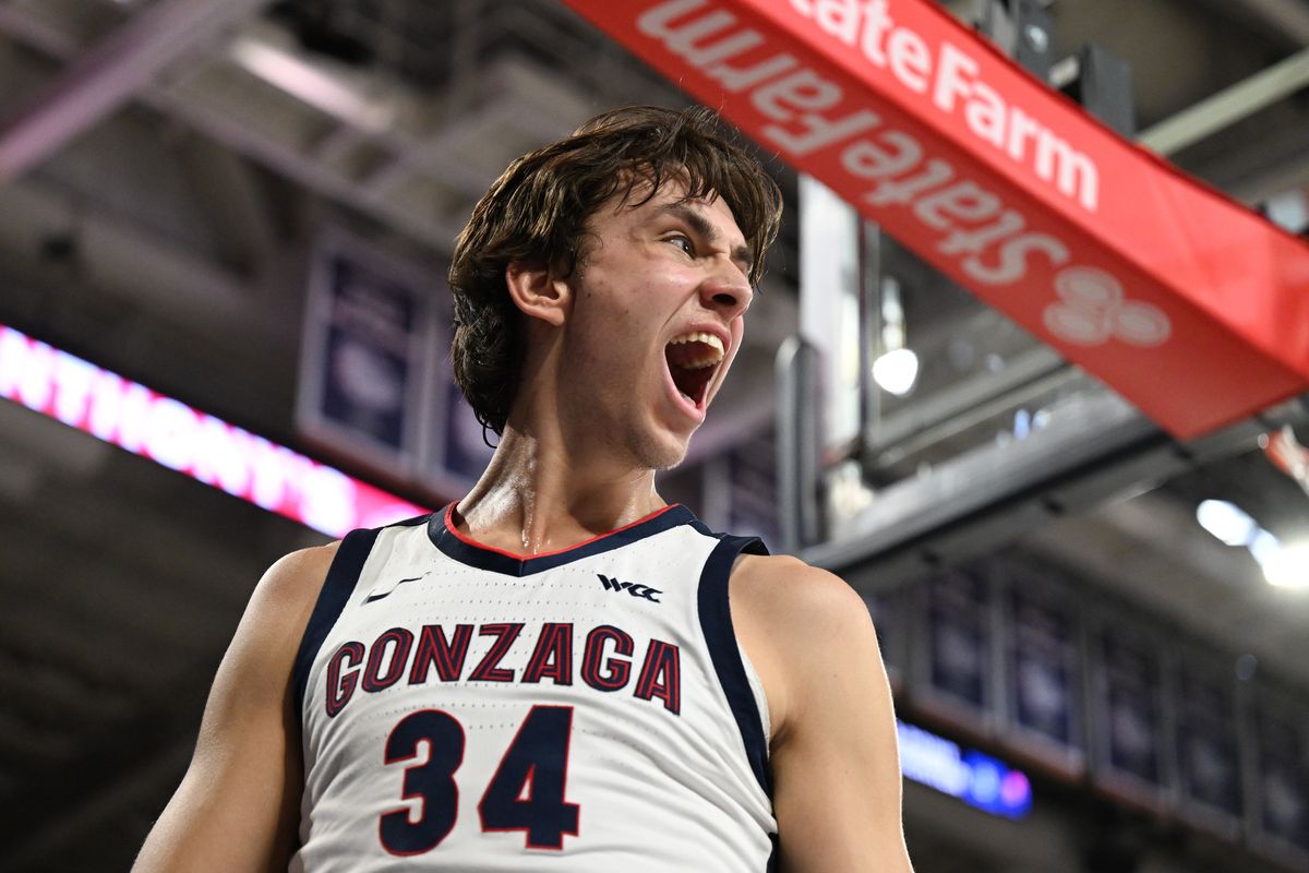 Gonzaga forward Braden Huff reacts during the second half of Saturday’s game against Pacific at McCarthey Athletic Center.  (Tyler Tjomsland/The Spokesman-Review)
