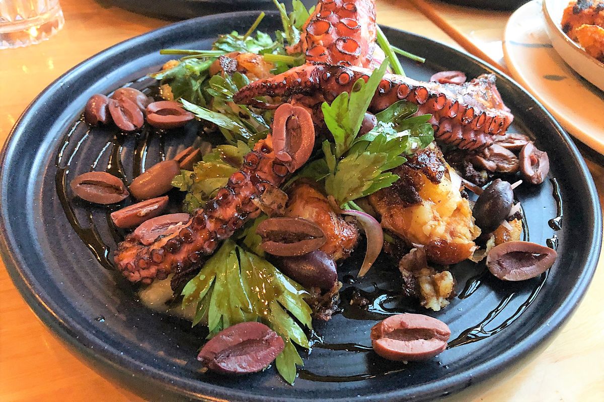 Wood-charred octopus at Baba in Kendall Yards is one of the newer menu items at the Mediterranean restaurant.  (Don Chareunsy/The Spokesman-Review)