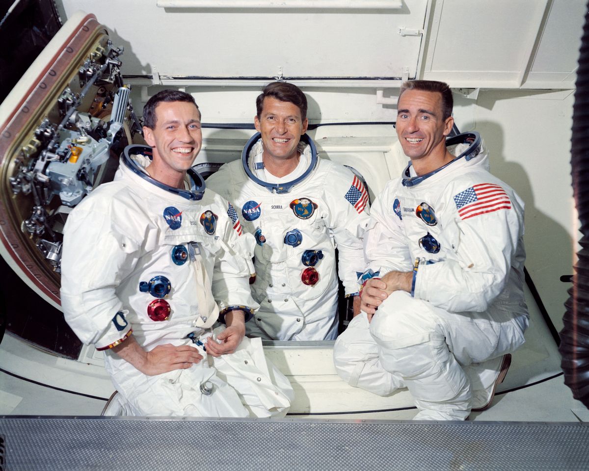 The Apollo 7 prime crew, left to right, are astronauts Donn F. Eisele, command module pilot; Walter M. Schirra Jr., commander; and Walter Cunningham, lunar module pilot.  (NASA)