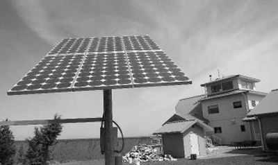 
A solar panel provides power for a home at the Three Rivers Recreational Area, in Lake Billy Chinook, Ore. Everyone in this community lives 