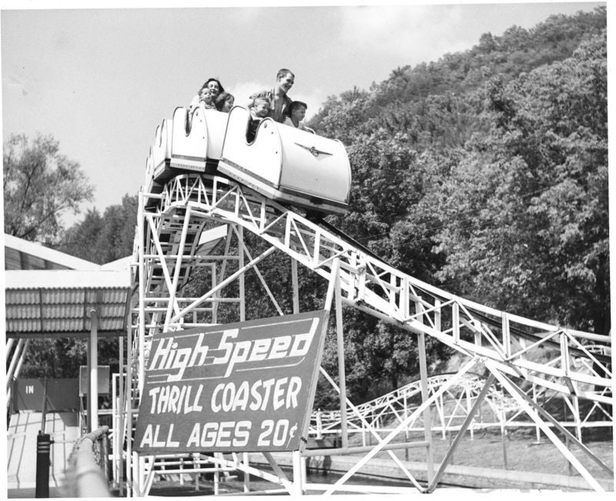 High Speed Thrill Coaster was replaced by Kozmo’s Kurves at Knoebels, but a High Speed Thrill Coaster car can still be seen in “The Rink,” a historical part of the park.  (Knoebels Amusement Resort)