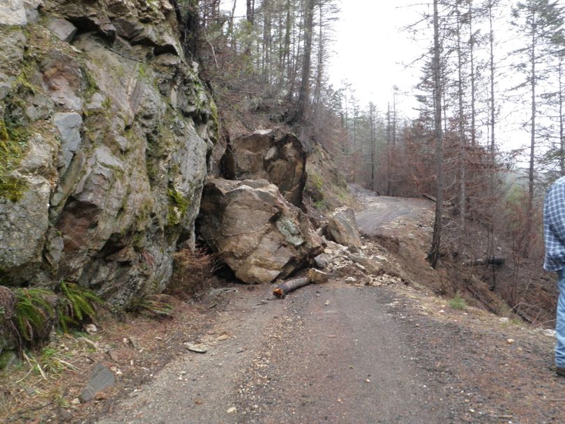 A spring rockslide blocks the Falls Point Road on the Clearwater-Nez Perce National Forest. (U.S. Forest Service)
