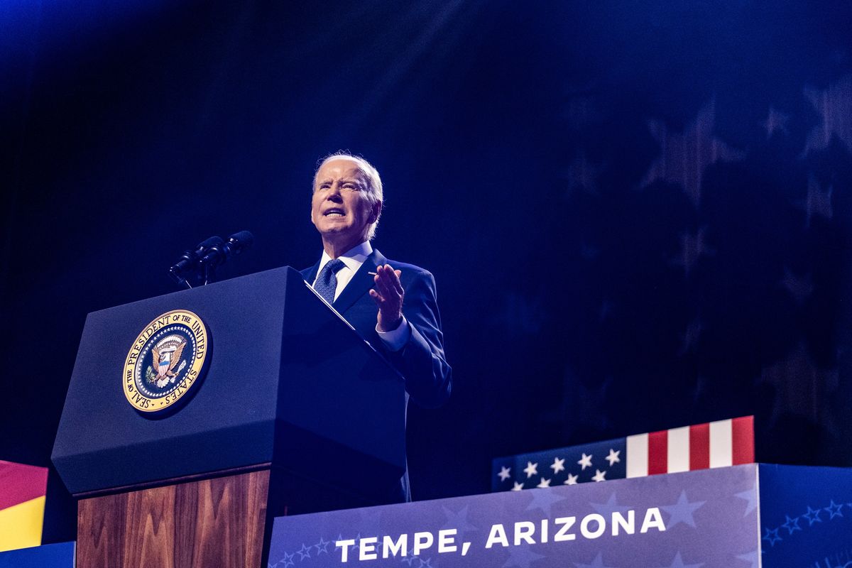 President Joe Biden delivers remarks honoring the legacy of Sen. John McCain at the Tempe Center for the Arts in Tempe, Ariz., on Thursday, Sept. 28, 2023. President Biden announced on Thursday that he will devote federal money to creating a new library dedicated to McCain, his old friend and adversary. (Pete Marovich/The New York Times) (PETE MAROVICH)