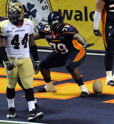 John Booker of the Shock celebrates his touchdown in the second quarter. (Dan Pelle / The Spokesman-Review)