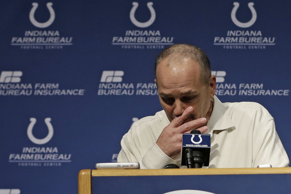 Colts head coach Chuck Pagano pauses as he speaks during a news conference Monday. (Associated Press)