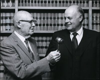 Justin Quackenbush, right, and his father, Carl C. Quackenbush, are pictured in 1980. Justin Quackenbush, who followed his father into law and was appointed to a federal judge seat by President Jimmy Carter, died on Oct. 27 at 95.  (Spokesman-Review photo archives)