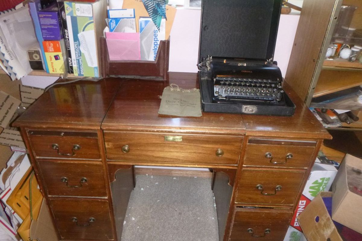 Seen in this photo courtesy of Myrtle Gaylord’s grandson, is Gaylord’s Chronicle desk given to her by the paper on Feb. 1, 1960, the typewriter she used to write her articles and the Chronicle money bag she kept her change in for many years. “I have kept these pieces since her death,” Chuck Gaylord wrote in a remembrance.  (Courtesy Chuck Gaylord)