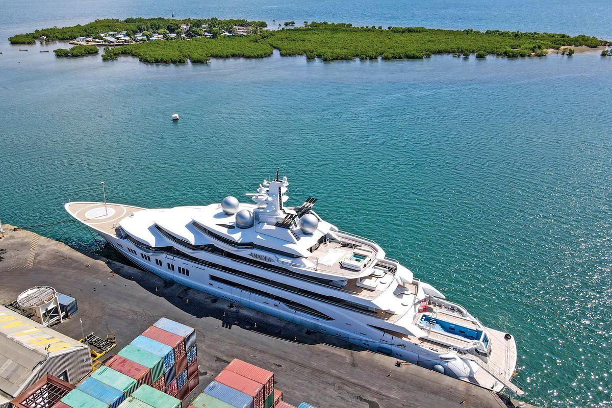 The superyacht Amadea is docked at the Queens Wharf in Lautoka, Fiji, on April 15 2022. A judge in Fiji is due to rule Monday, May 2, 2022, on whether U.S. authorities can seize the luxurious yacht — worth some $325 million — which has been stopped from leaving the South Pacific nation because of its links to Russia.  (Leon Lord)