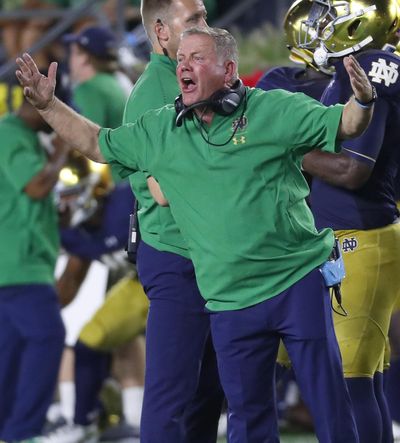 In this Sept. 1, 2018, file photo, Notre Dame head coach Brian Kelly argues a call in the second half of an NCAA football game against Michigan, in South Bend, Ind. Back in 2012, Kelly’s Notre Dame team ran the table during the regular season to set up a showdown with Alabama for the national title. Along the way the Fighting Irish had to survive some close games, including overtime victories at home against Stanford and Pittsburgh (a triple OT affair). Now Kelly’s Irish are 6-0 and ranked No. 5 and look who is waiting them this week -- the Panthers. (Paul Sancya / Associated Press)