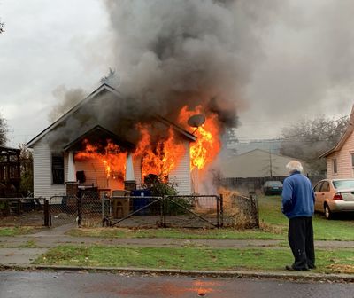 A fully involved house fire at 2716 E. Pacific Avenue broke out Friday, Nov. 6, 2020. The fire came in as a reported kitchen fire and spread to the rest of the house quickly. All occupants of the house were able to get out.  (Dusty Patrick/Spokane Fire Department)