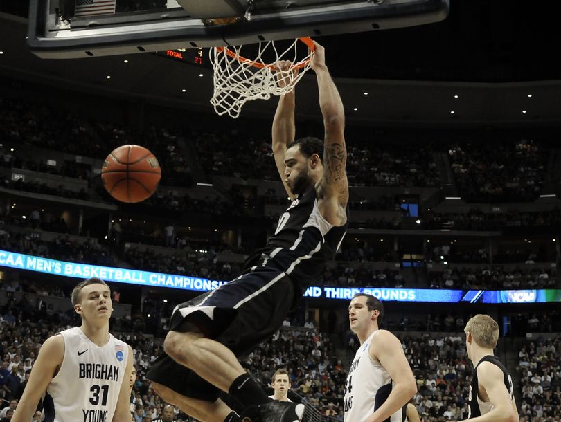 Gonzaga's Robert Sacre and the Zags got off to a flying start against BYU, March 19, 2011, at the Pepsi Center in Denver, Colorado. (Dan Pelle / The Spokesman-Review)