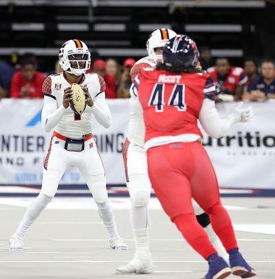 Spokane Shock quarterback Charles McCullum completed 19 of 24 passes for 206 yards and three touchdowns against the Sioux Falls Storm on Saturday in Sioux Falls, South Dakota.  (Courtesy of Josh Jurgens)