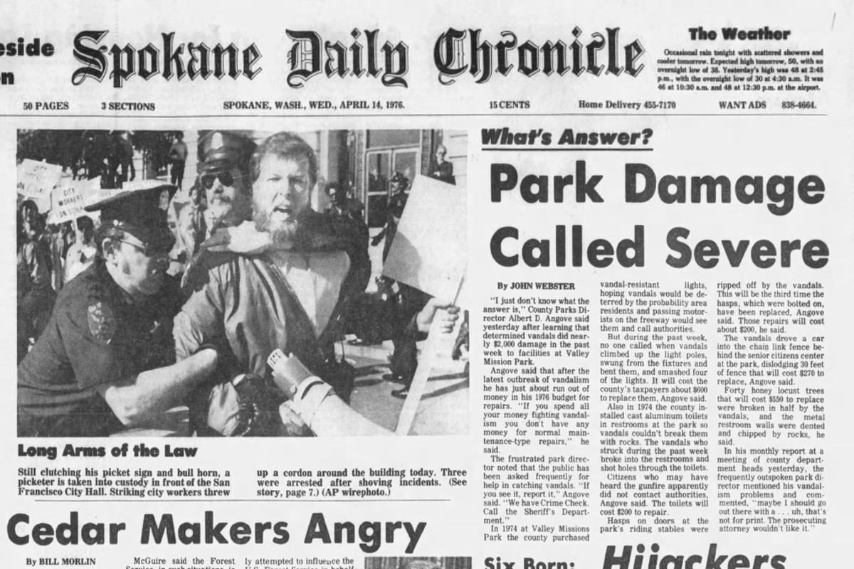 Spokane County park officials were frustrated by significant vandalism at Valley Mission Park, the Spokane Daily Chronicle reported on April 14, 1976.  (Spokesman-Review archives)