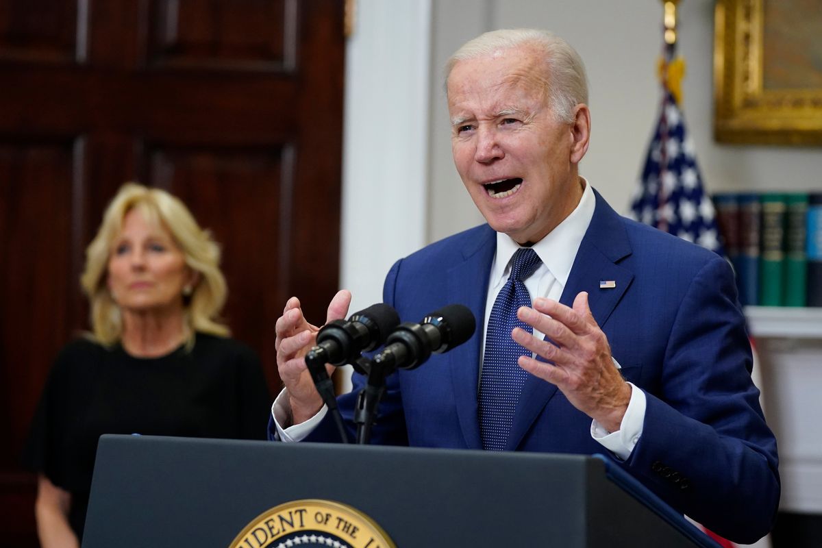 President Joe Biden speaks to the nation about the mass shooting at Robb Elementary School in Uvalde, Texas, from the White House, in Washington, Tuesday, May 24, 2022, as first lady Jill Biden listens.  (Manuel Balce Ceneta)