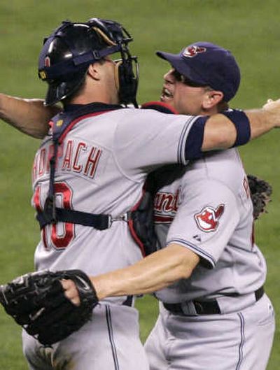 
Kelly Shoppach, left, and pitcher Joe Borowski celebrate Indians win.
 (AP / The Spokesman-Review)