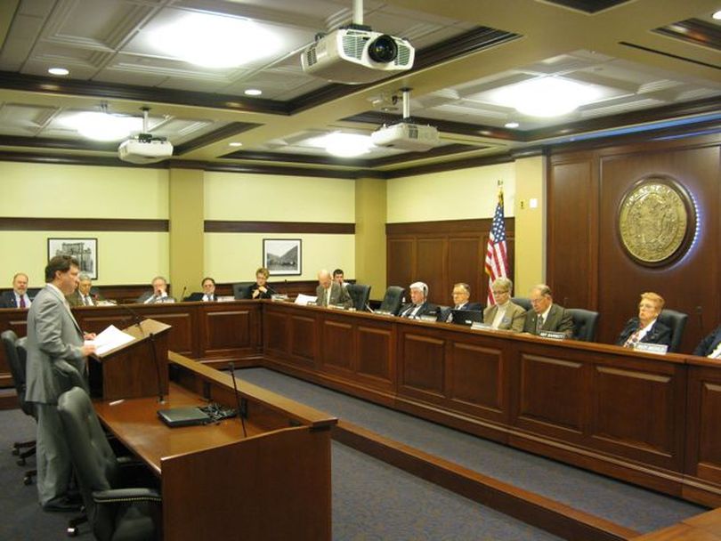 Rep. Cliff Bayer, R-Boise, presents the legislation to suspend next year's scheduled $10 bump-up in Idaho's grocery tax credit, to save $15 million for the state budget; the House Rev & Tax Committee approved the move and sent it directly to the full House for debate.  (Betsy Russell)