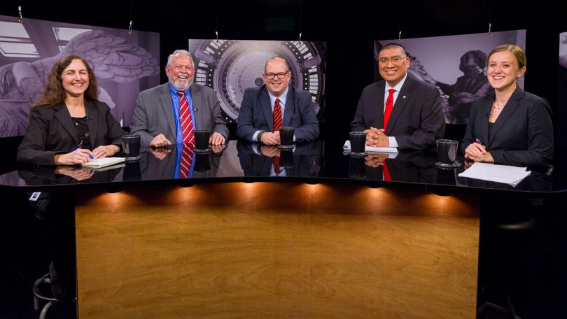 From left, Betsy Russell, Dan Chadwick, Rocky Barker, and co-hosts Aaron Kunz and Melissa Davlin on Friday's 