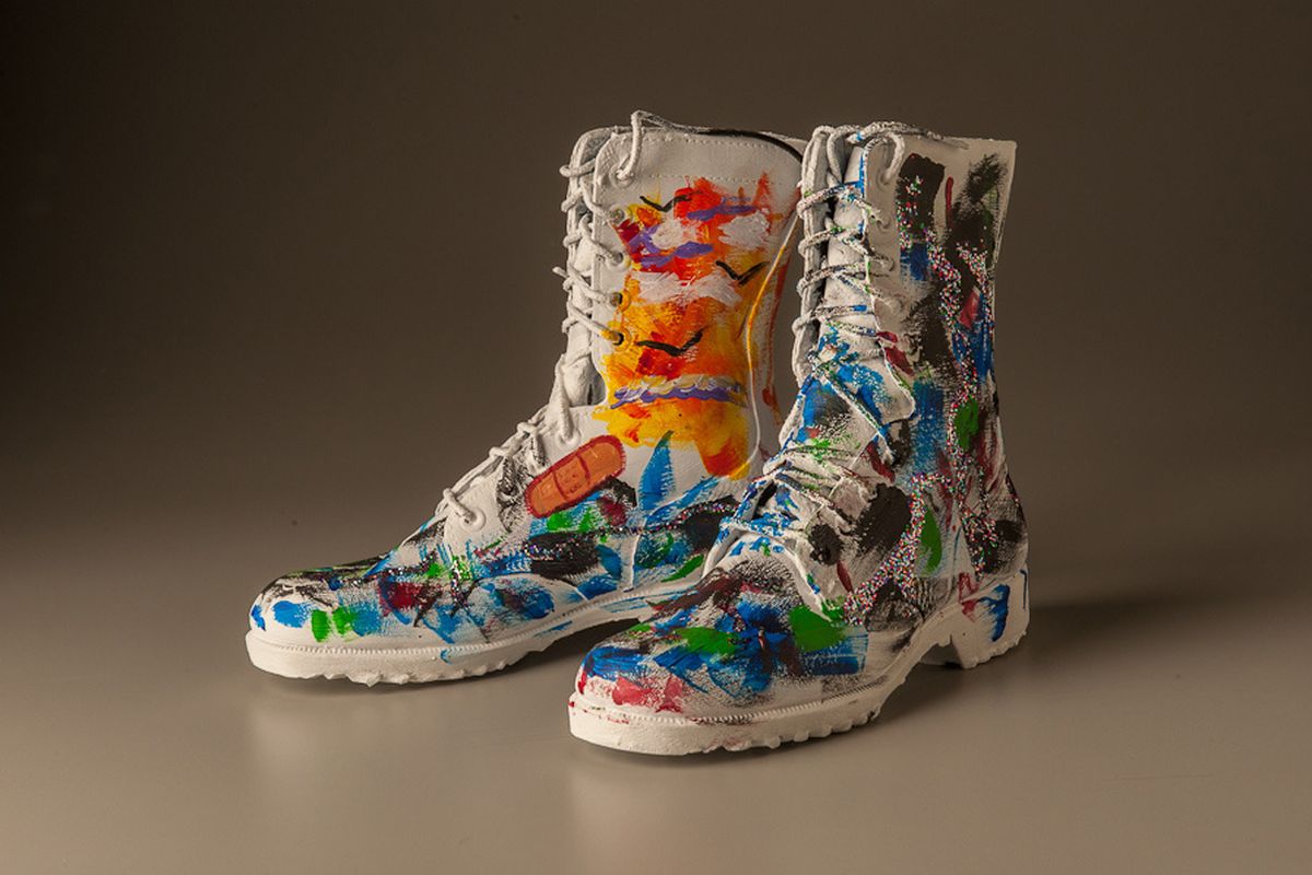 Adorned Styrofoam shoes, above, and heads (below) will be part of The Bearing Project, Refugees and Veterans display on May 1 at the Northwest Museum of Arts and Culture.