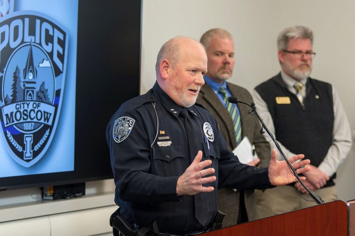 Moscow police Chief James Fry speaking at a recent news conference.  (Geoff Crimmins/For The Spokesman-Review)