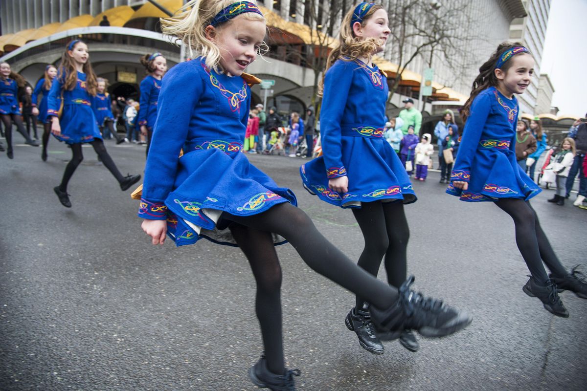 Spokane Haran Irish Dancers entertain spectators along Stevens Street during Spokane’s 38th Annual St. Patrick