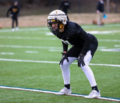 Idaho defensive back Mathias Bertram lines up for a drill on March 28, 2023.  (Courtesy of Idaho Athletics)