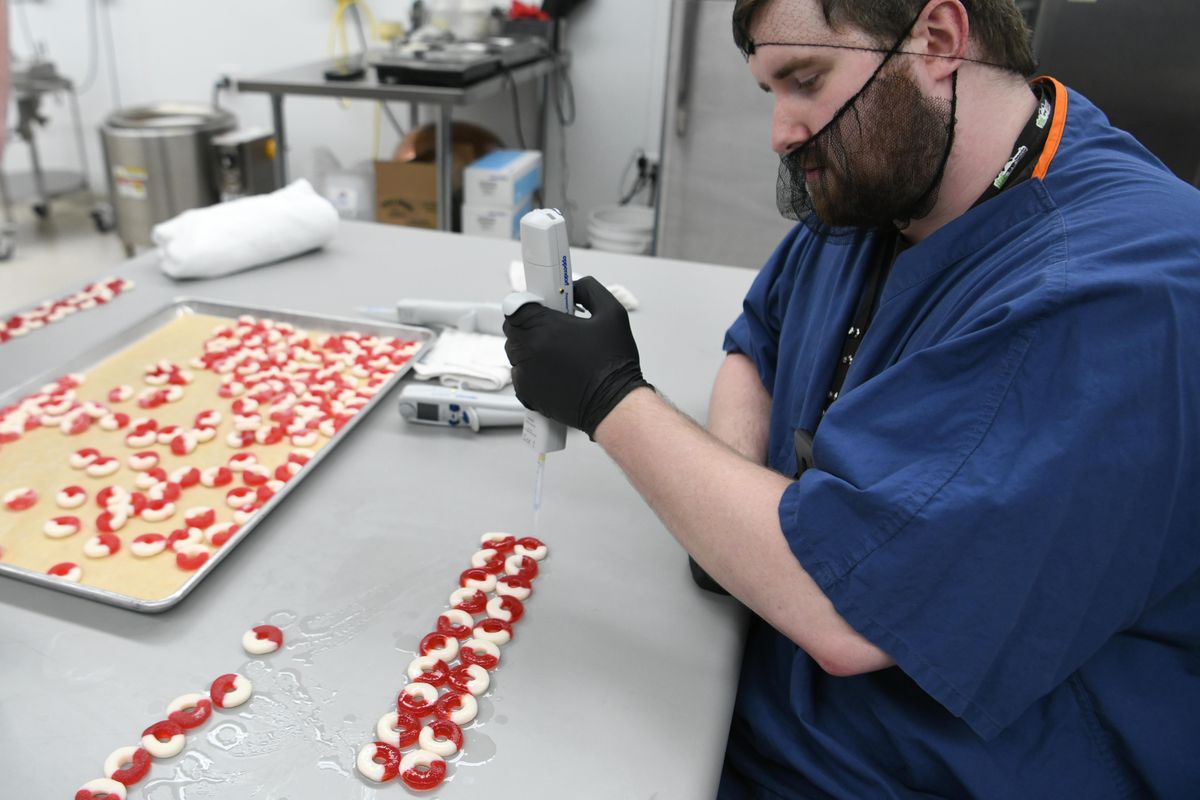 FILE - Using water instead of cannabis oil, Tylar Salee practices placing the correct amount of liquid on each piece of candy in front of him using a pipette as the business prepares to begin infusing a new type of candy with a cannabis oil Wednesday, April 11, 2018 at Phat Panda, the largest cannabis growing operation in Spokane. Such candies likely wouldn’t be available for sale under new guidelines announced last week by the Washington Liquor and Cannabis Board, which is concerned about the candy appealing to children. (Jesse Tinsley / The Spokesman-Review)