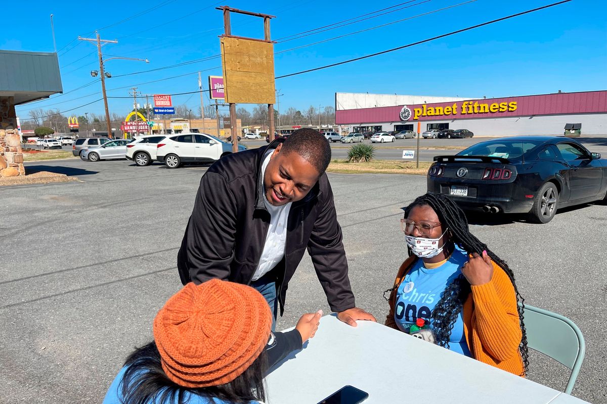 Democratic gubernatorial candidate Chris Jones speaks to campaign volunteers outside his campaign office in Pine Bluff, Ark. on Saturday, February 19, 2022.  (Andrew DeMillo)