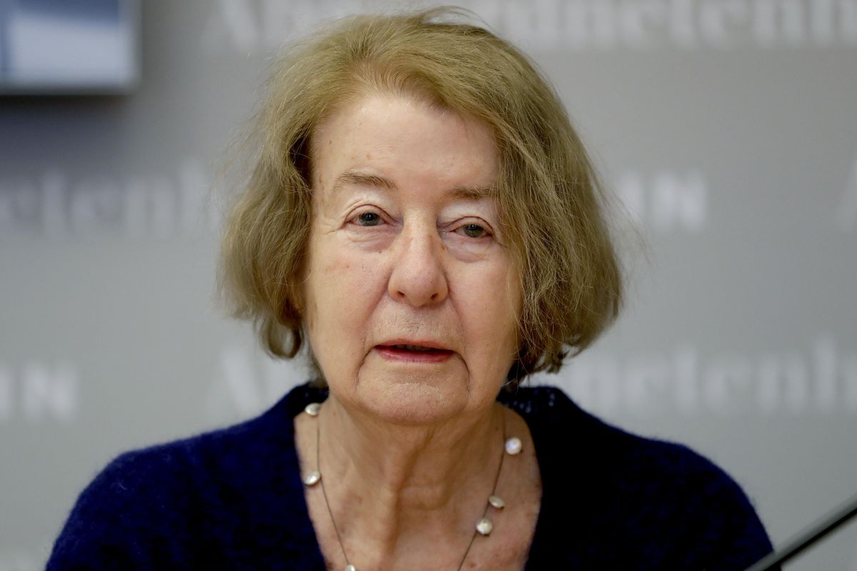 Hilde Schramm attends a press conference in Berlin, Germany, Monday, Jan. 21, 2019. Schramm, daughter of Hitler