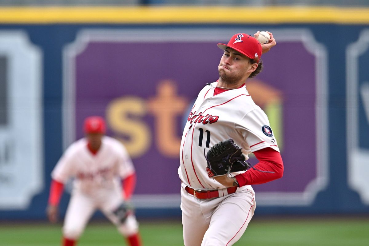 Spokane Indians starting pitcher Brody Brecht delivers against the Vancouver Canadians at Avista Stadium on April 14, 2026. The Indians won 5-3.  (James Snook)