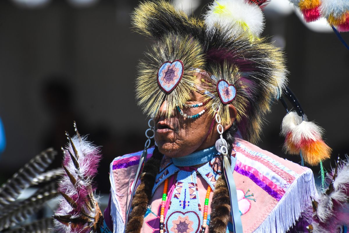 An elder participants in the Julyamsh Powwow Grand Entry, Sunday, July 22, 2018, at the Kootenai County Fairgrounds. (Dan Pelle / The Spokesman-Review)