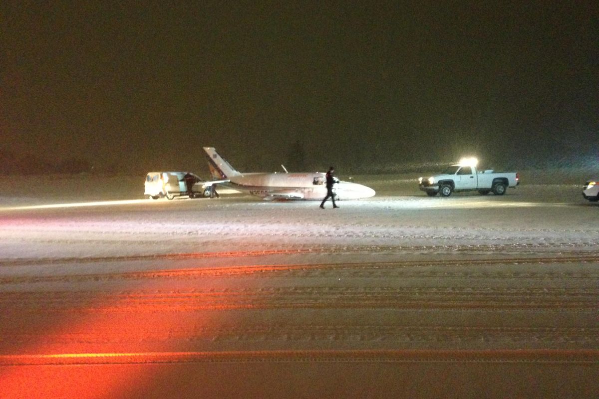 This plane crash-landed at Felts Field early Tuesday, Dec. 27, 2016. The pilot was uninjured. (Spokane Valley Fire Department)