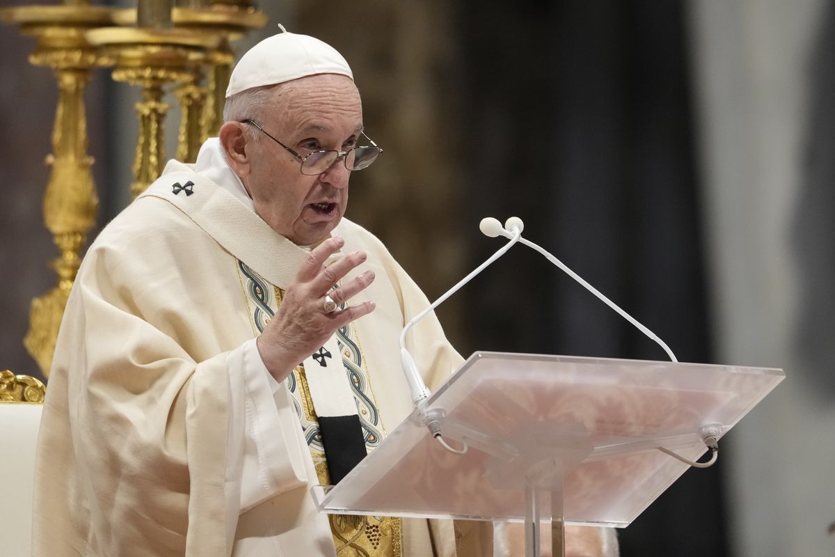 Pope Francis delivers his speech as he celebrates Mass on the occasion of the Christ the King festivity, in St. Peter
