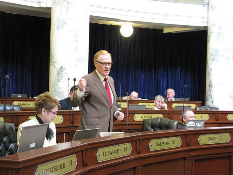 Rep. Linden Bateman, R-Idaho Falls, debates against SB 1184 in the House on Friday morning. A retired teacher, he said it would lead to fewer teachers and more computers, and that won't help learning.  (Betsy Russell)