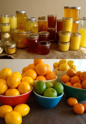Top: Jar of citrus preserves made from the fruit pictured. Bottom: Overflowing bowls of lemons, oranges, and limes. (Maggie Bullock)