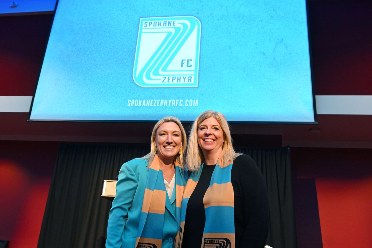 USL Super League president Amanda Vandervort, left, and Zephyr co-owner Katie Harnetiaux pose for a photo during Spokane USL name, crest and brand reveal at Davenport Grand Hotel on Sunday in Spokane.  (James Snook/For The Spokesman-Review)