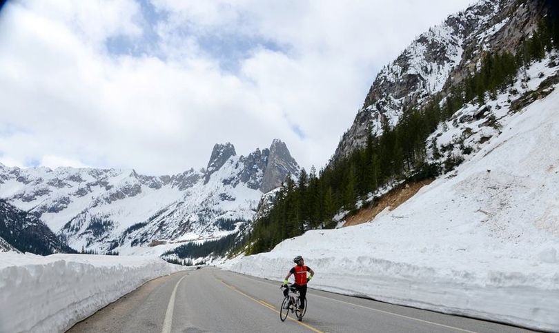 Bicyclists had Route 20 to themselves as highway crews cleared snow off the North Cascades Highway.