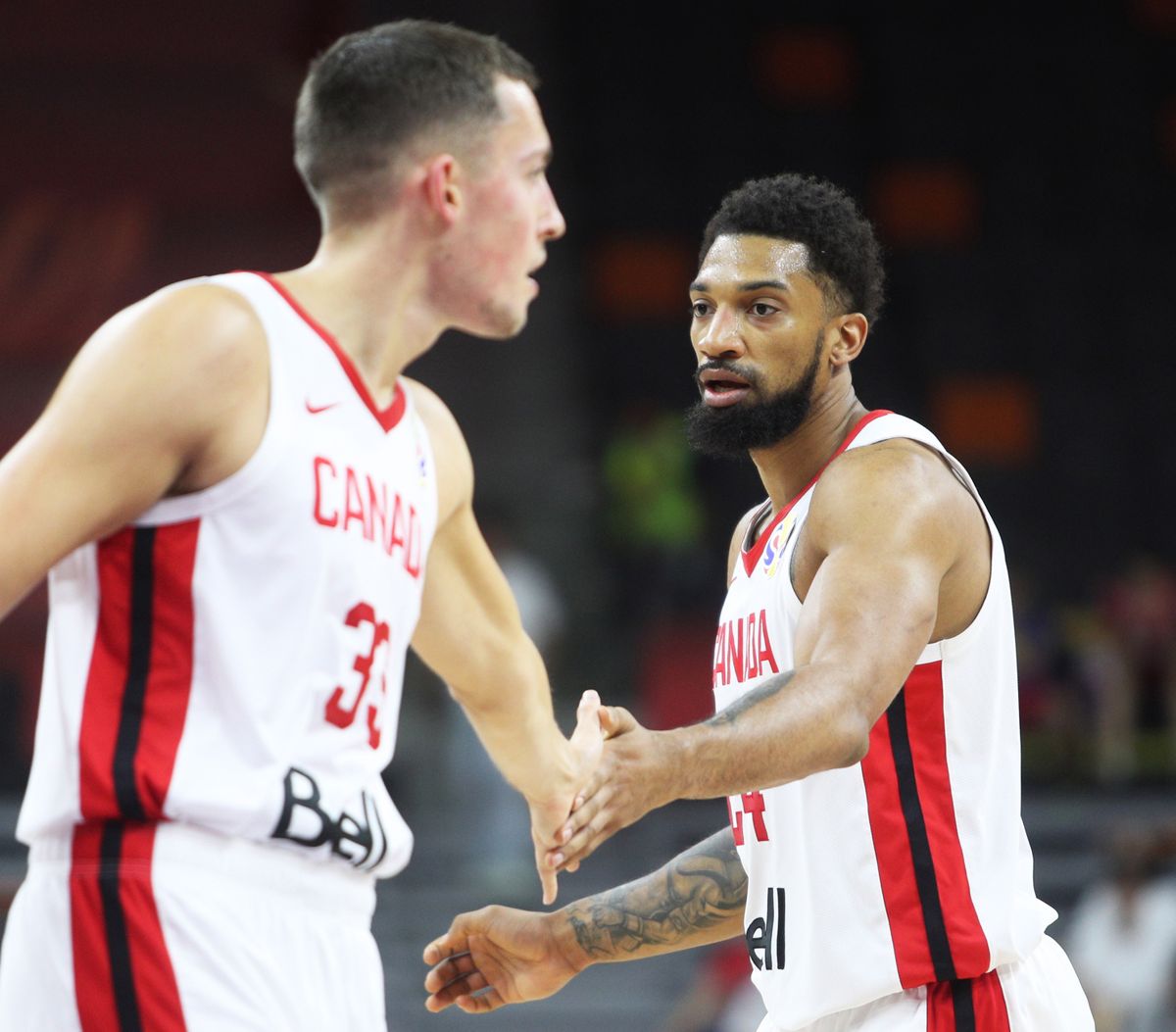 Canada’s Kyle Wiltjer, left, and Khem Birch prepare for a 2019 FIBA World Cup game in China.  (Associated Press)