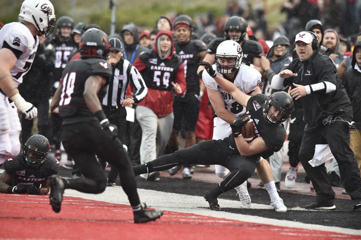 Eastern Washington Eagles linebacker Alek Kacmarcik, flying out of bounds after intercepting a pass against Montana last week, knows the Eagles have a big challenge at Cal Poly on Saturday. (Tyler Tjomsland / The Spokesman-Review)