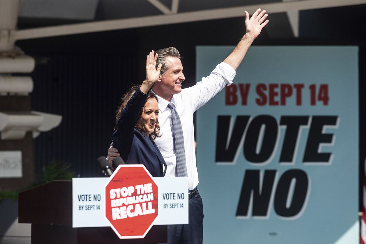 Vice President Kamala Harris joins California Gov. Gavin Newsom at a rally against the California gubernatorial recall election on Wednesday, Sept. 8, 2021, in San Leandro, Calif. Harris highlighted new abortion restrictions in Texas t offer a contrast between Republican leadership and the Democrat Newsom