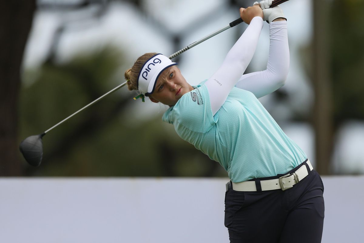 Brooke Henderson hits from the 17th tee during the final round of the LPGA Lotte Championship golf tournament Saturday, April 14, 2018, in Kapolei, Hawaii. (Jamm Aquino / Star-Advertiser via AP)