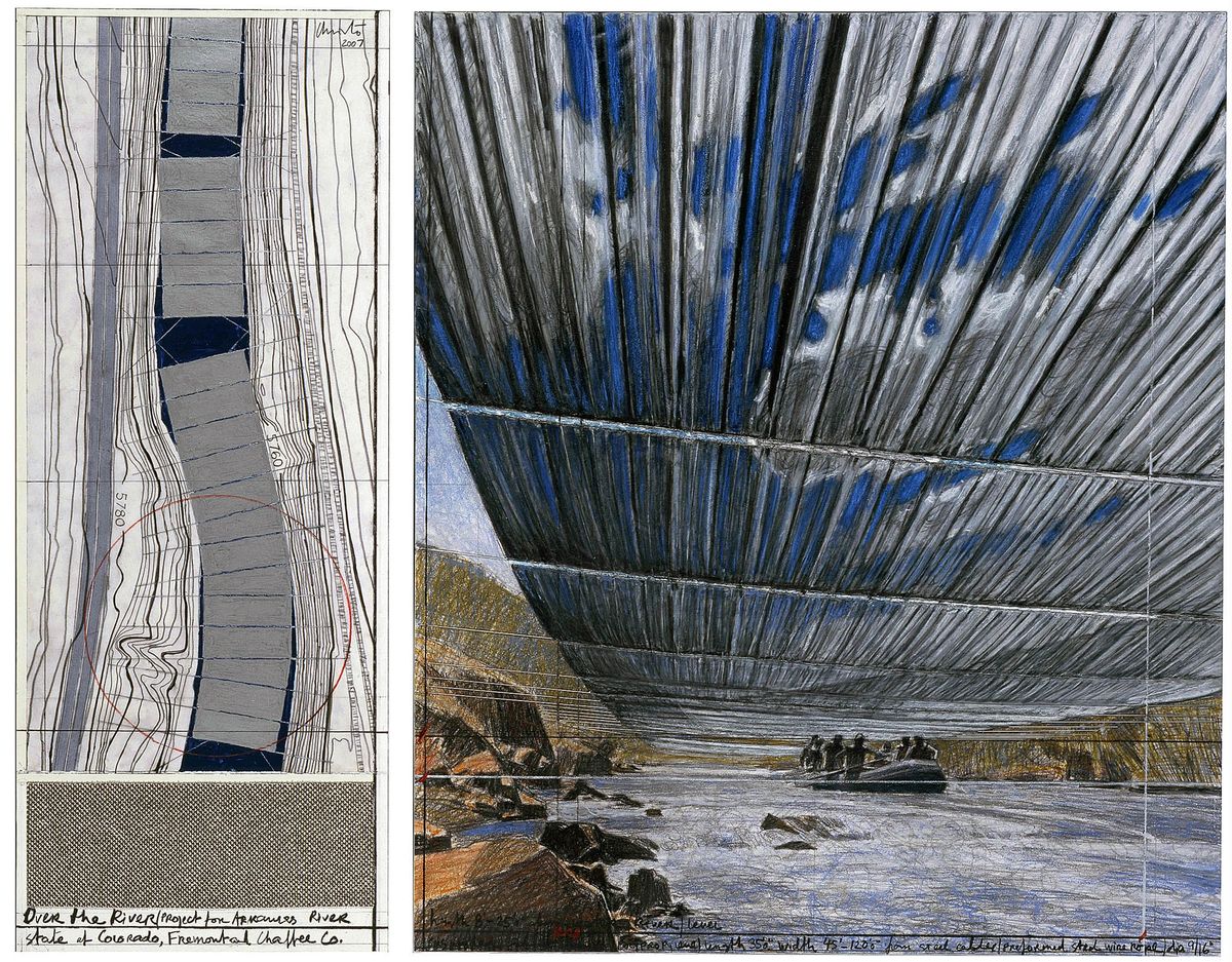 This photo provided by artists Christo and Jeanne-Claude shows a drawing of the underside of a section of the Arkansas River in southern Colorado that would be draped with material in the Over the River Project that Christo and Jeanne-Claude have been planning since 1992. At the earliest, “Over The River” could be completed in 2012 and it would last just two weeks. Christo and Jeanne-Claude’s team estimates total costs at $50 million, funded by the artists and sales of their works. Associated Press photos (Associated Press photos / The Spokesman-Review)