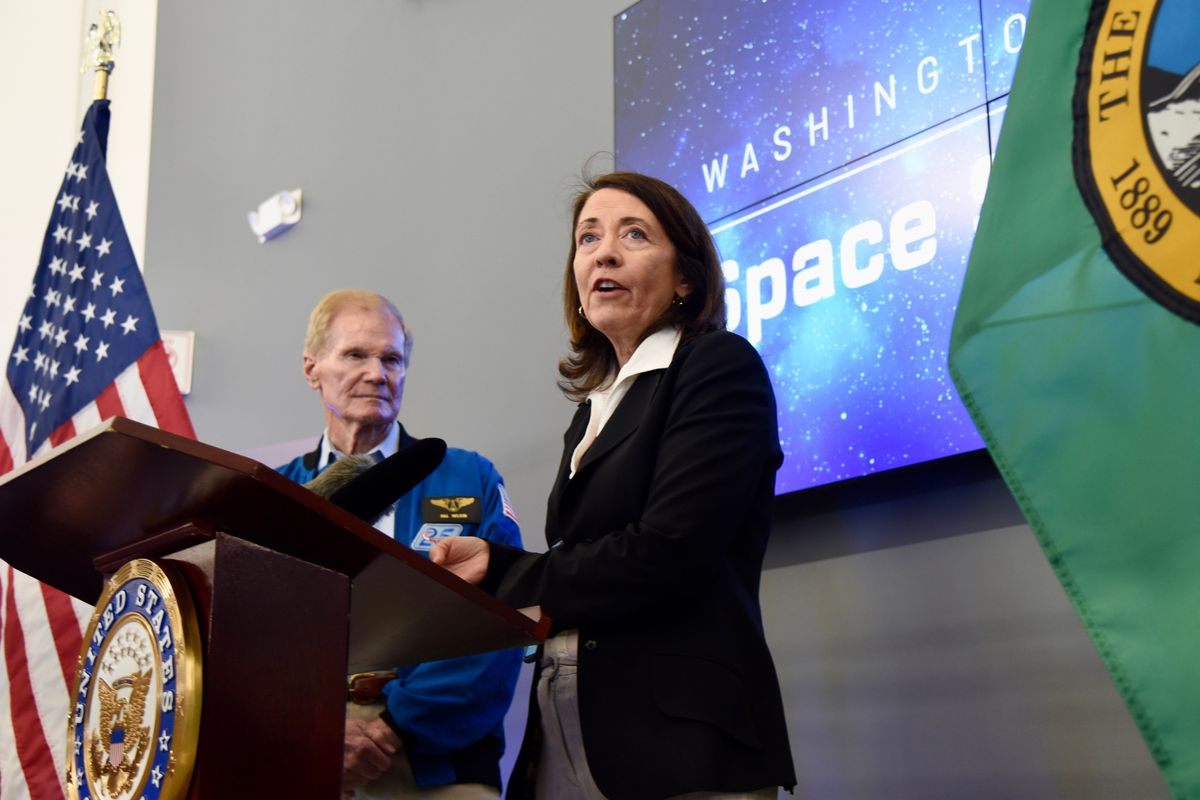 Sen. Maria Cantwell speaks with NASA Administrator Bill Nelson July 5 at the Washington State Space Summit in Kent, Washington.  (Ellen Dennis/The Spokesman-Review)