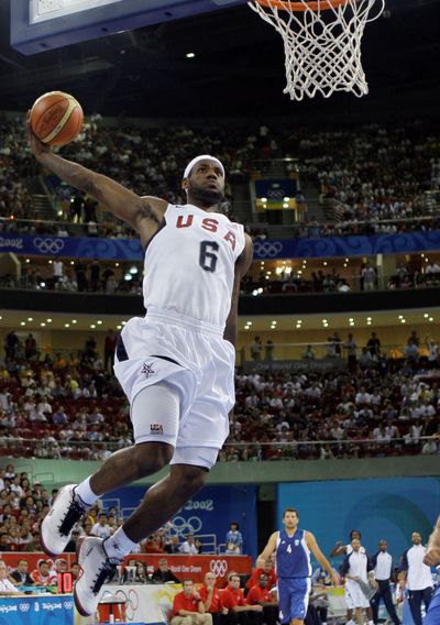 LeBron James’ play on the basketball court has helped the United States men dominate the 2008 Beijing Olympics through four games, most recently Saturday’s blowout of Spain.   (Associated Press / The Spokesman-Review)