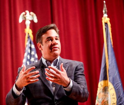 Labrador Town Hall U.S. Congressman Raul Labrador talks during a town hall at Meridian Middle School in Meridian, Idaho, Wednesday, April 19, 2017. Labrador is holding a town hall, the first of the state's congressional delegation to do so since the November election. (Kyle Green/Idaho Statesman via AP)