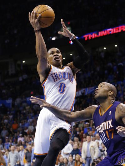 Oklahoma City’s Russell Westbrook scored 21 points in his first game back since suffering a knee injury in last season’s playoffs. (Associated Press)