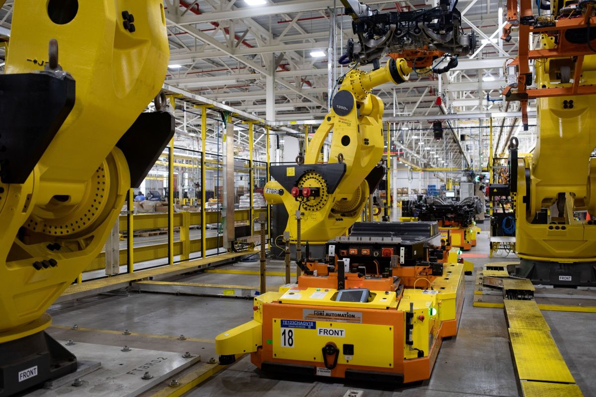 A Ford F-150 Lightning assembly line in Dearborn, Michigan.  (Emily Elconin/Bloomberg)