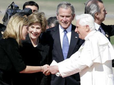 
Pope Benedict XVI greets Jenna Bush, first lady Laura Bush and President Bush on Tuesday at Andrews Air Force Base. Associated Press
 (Associated Press / The Spokesman-Review)